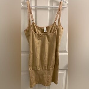 Shapewear dress with compression contouring and adjustable straps in tan, new